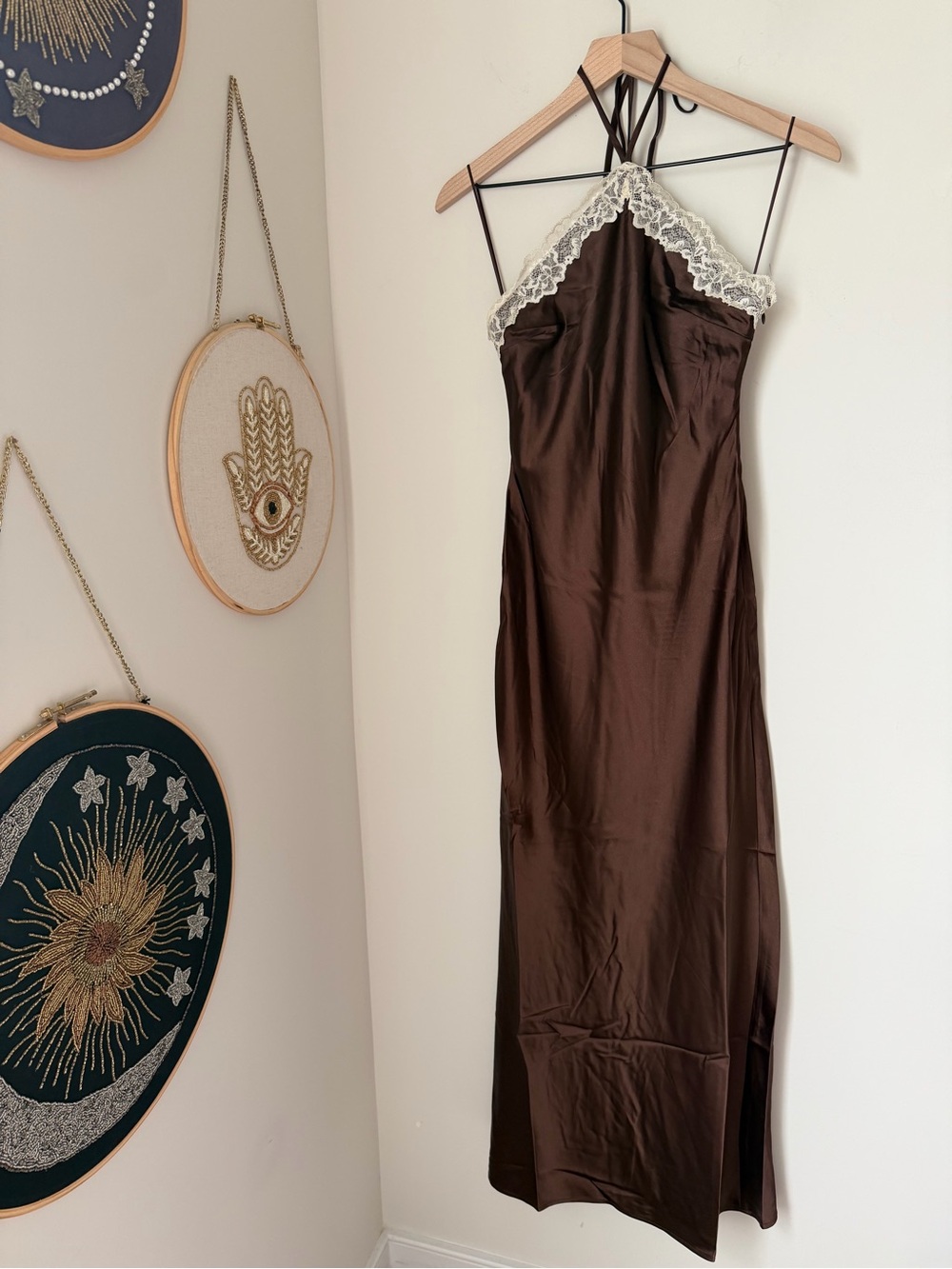 Sincerely Jules Brown cream Lace Trim halter Maxi Slip Dress
